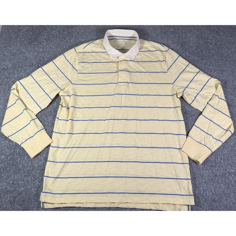 Lands' End Rugby Shirt Mens Large Blue Yellow Striped Long Sleeve Cotton Polo